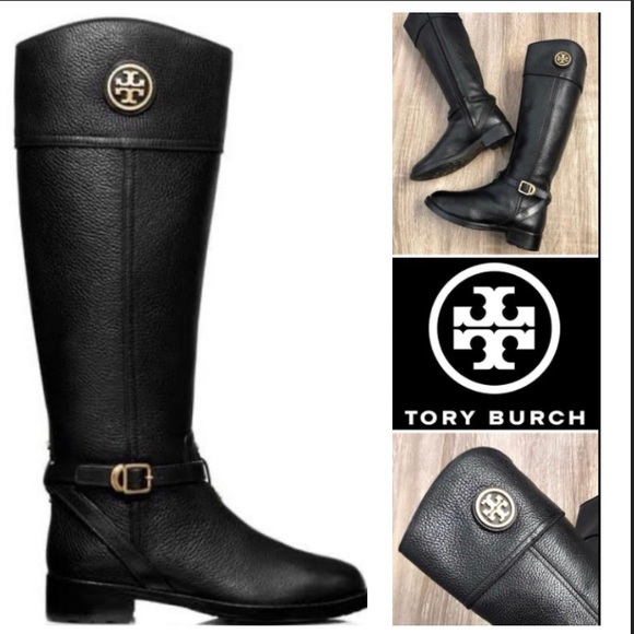 Tory Burch Shoes - Tory Burch Teresa Logo Black Tumbled/Pebbled Leather Riding Boots